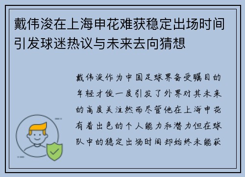戴伟浚在上海申花难获稳定出场时间引发球迷热议与未来去向猜想